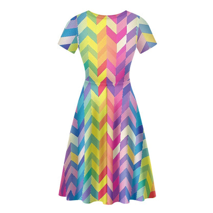 Women Scoop Neck Short Sleeve Ruffle Dress