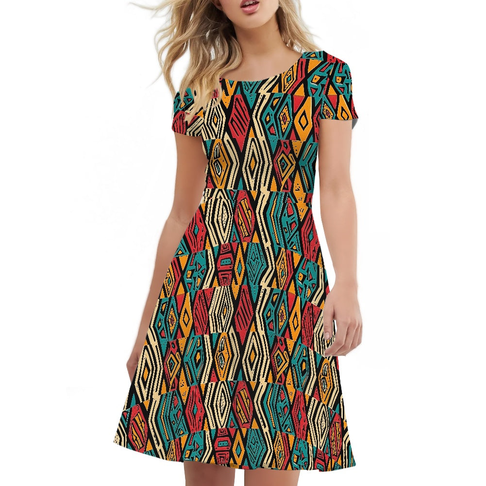 Women Scoop Neck Short Sleeve Ruffle Dress