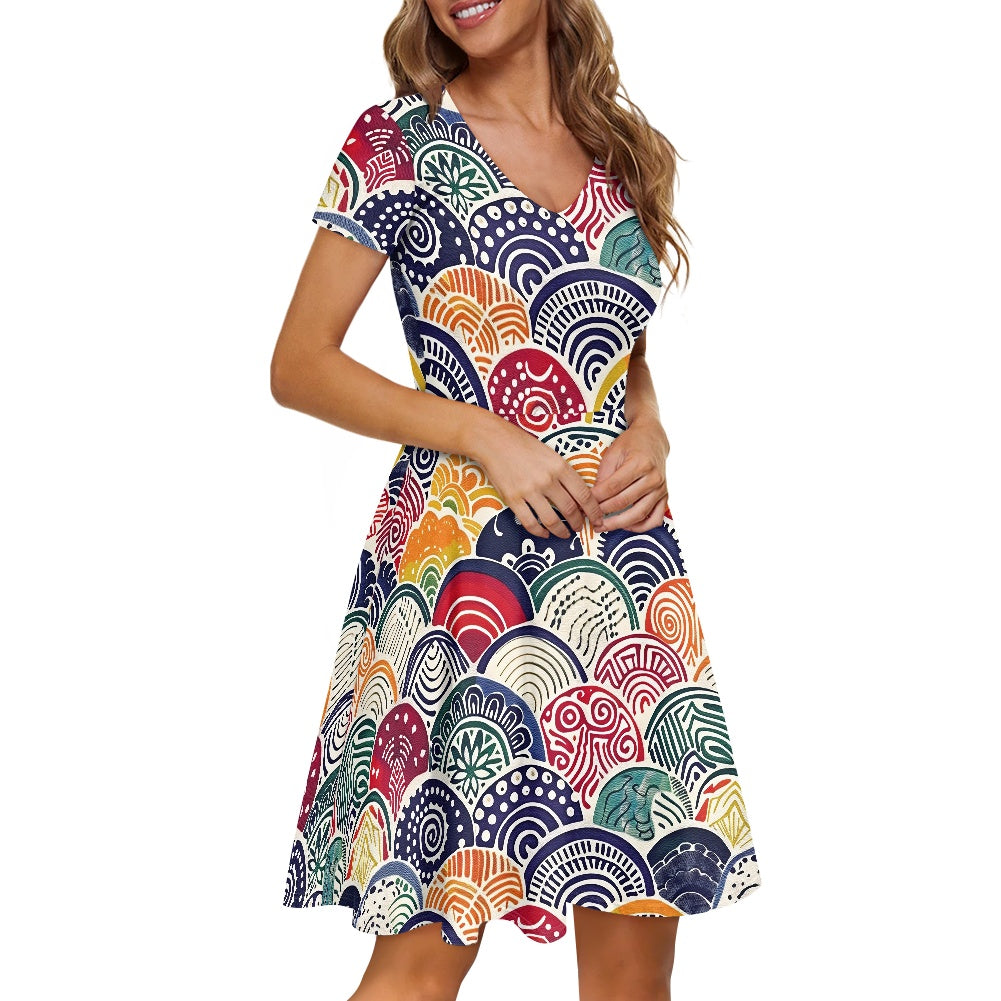 Women V-Neck Short Sleeve Ruffle Dress