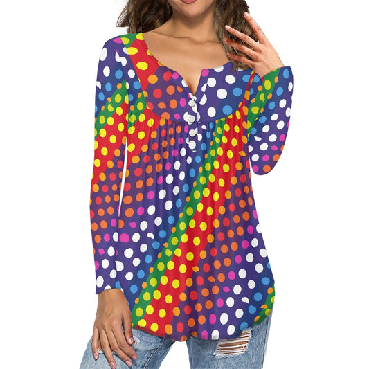 LGBTQ-Friendly Rainbow Polka Dot Comfortable Long-Sleeve Blouse with Button-Down Front, Gathered Yoke, and Feminine Curved Hemline by Luxtrini