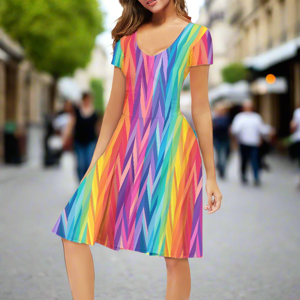 Rainbow Chevrons Women V-Neck Short Sleeve Ruffle Dress