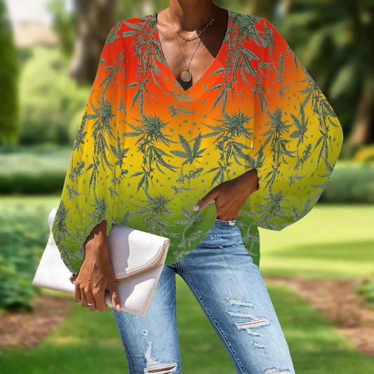 Rasta 420 V-Neck Chiffon Puff Sleeve Blouse by Luxtrini