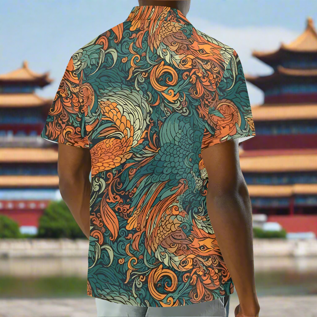 Luxtrini Men’s Dragon and Phoenix Aloha Shirt – Eco Hawaiian Button-Up with Artistic Mythology Print (2XS–7XL)