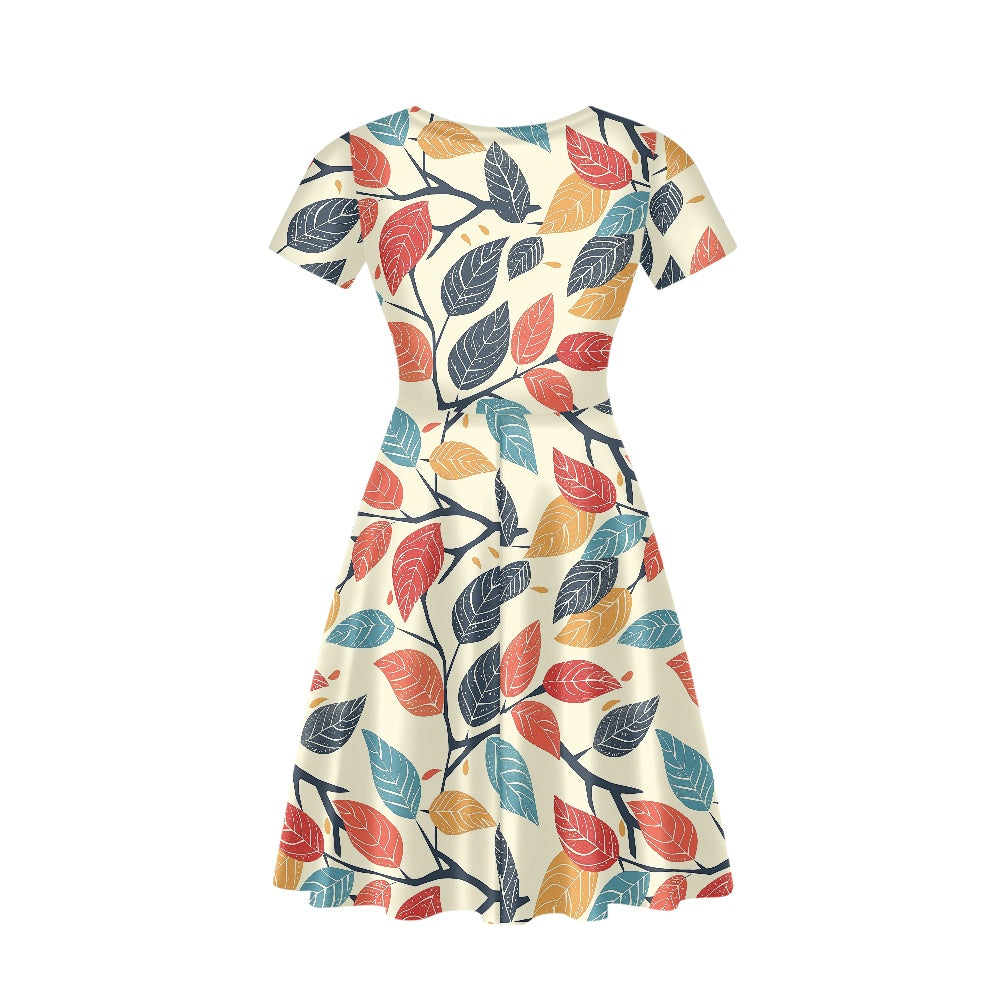 Colored Leaves Women V-Neck Short Sleeve Ruffle Dress