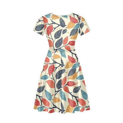 Colored Leaves Women V-Neck Short Sleeve Ruffle Dress