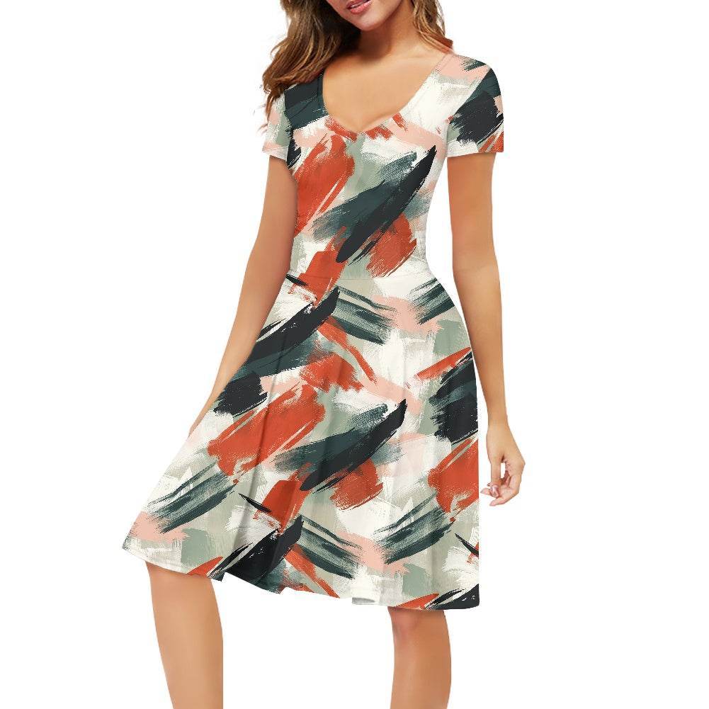 Abstract Painting Women V-Neck Short Sleeve Ruffle Dress