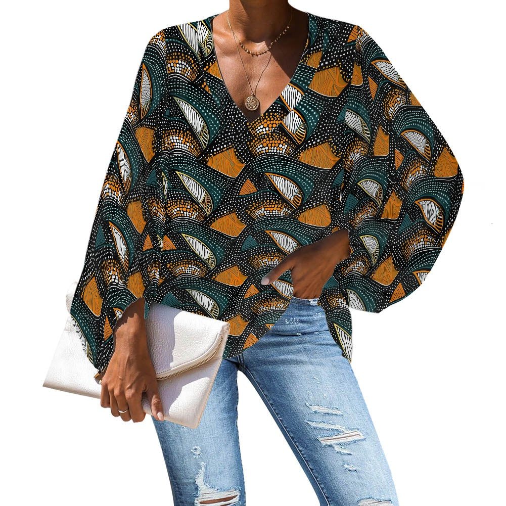 African Tribal V-Neck Chiffon Puff Sleeve Blouse by Luxtrini 4XL