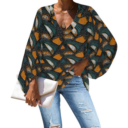 African Tribal V-Neck Chiffon Puff Sleeve Blouse by Luxtrini 4XL