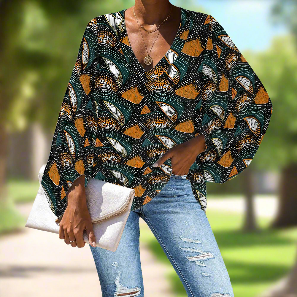 African Tribal V-Neck Chiffon Puff Sleeve Blouse by Luxtrini