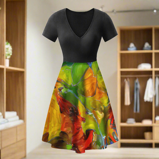 Petunia Flower Black V-Neck Women Ruffle Bottom Dress