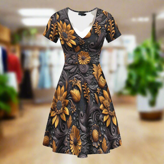 Gold Flowers Woodcut Women Ruffle Bottom Dress