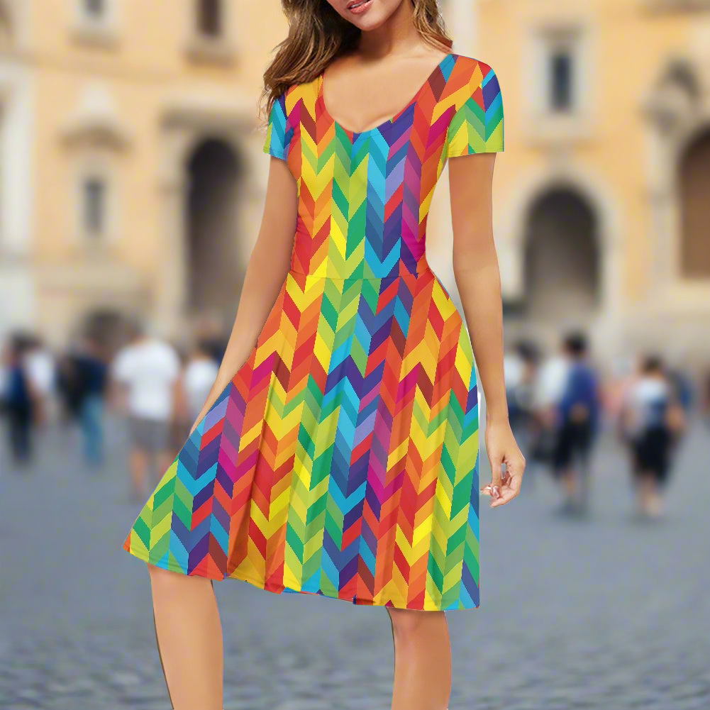 Rainbow Chevron Women V-Neck Short Sleeve Ruffle Dress