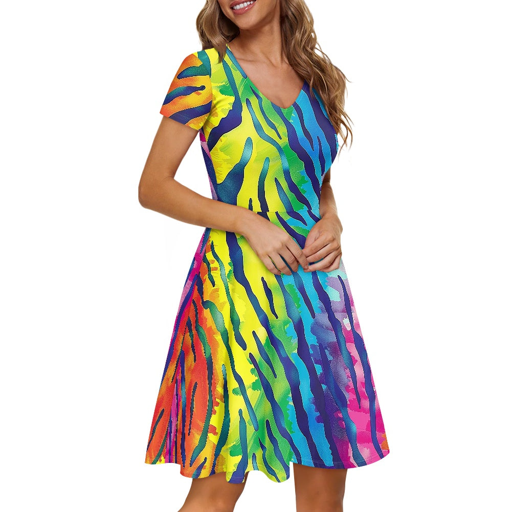 Rainbow Animal Print Women V-Neck Short Sleeve Ruffle Dress