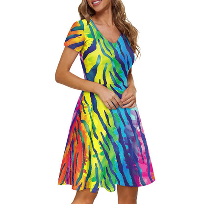 Rainbow Animal Print Women V-Neck Short Sleeve Ruffle Dress