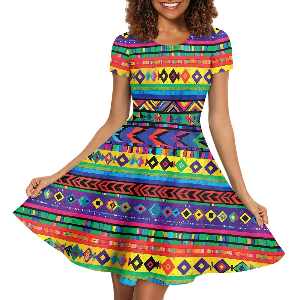 Women Scoop Neck Short Sleeve Ruffle Dress