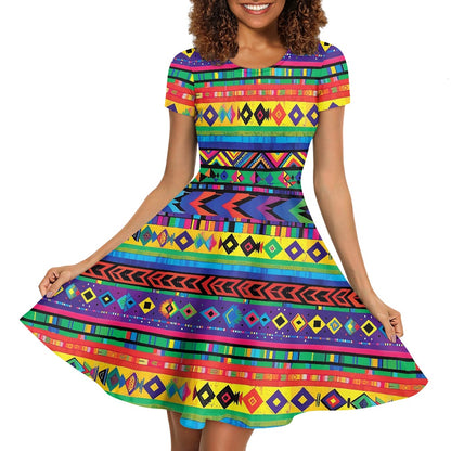 Women Scoop Neck Short Sleeve Ruffle Dress