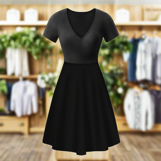 Black V-Neck Women Ruffle Bottom Dress