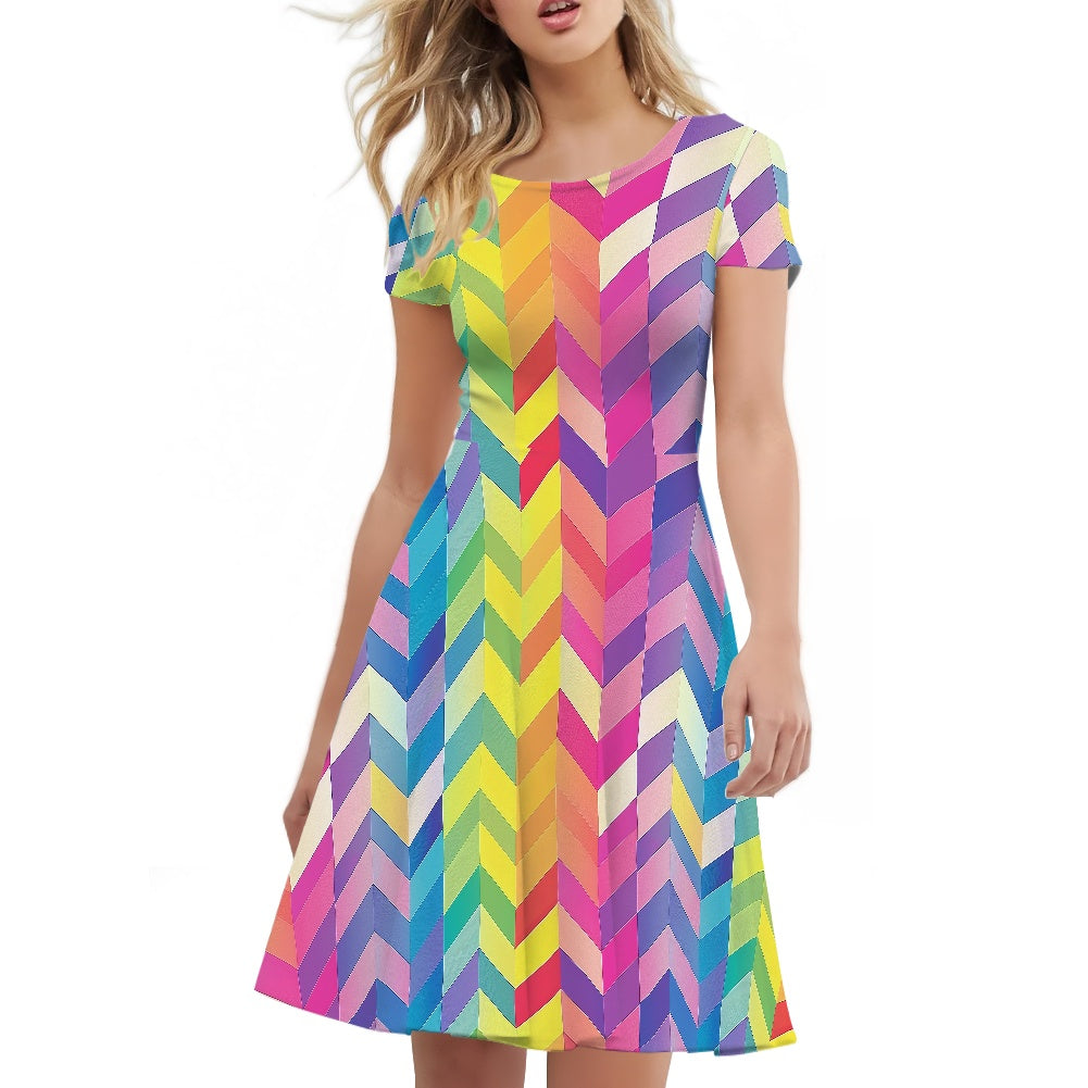 Women Scoop Neck Short Sleeve Ruffle Dress
