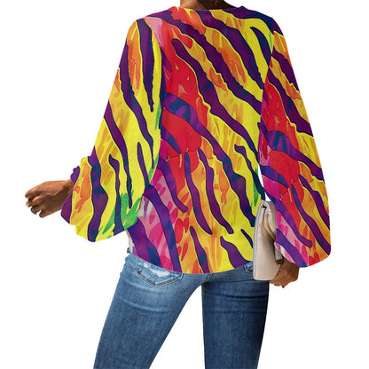 Rainbow Animal Print V-Neck Chiffon Puff Sleeve Blouse by Luxtrini