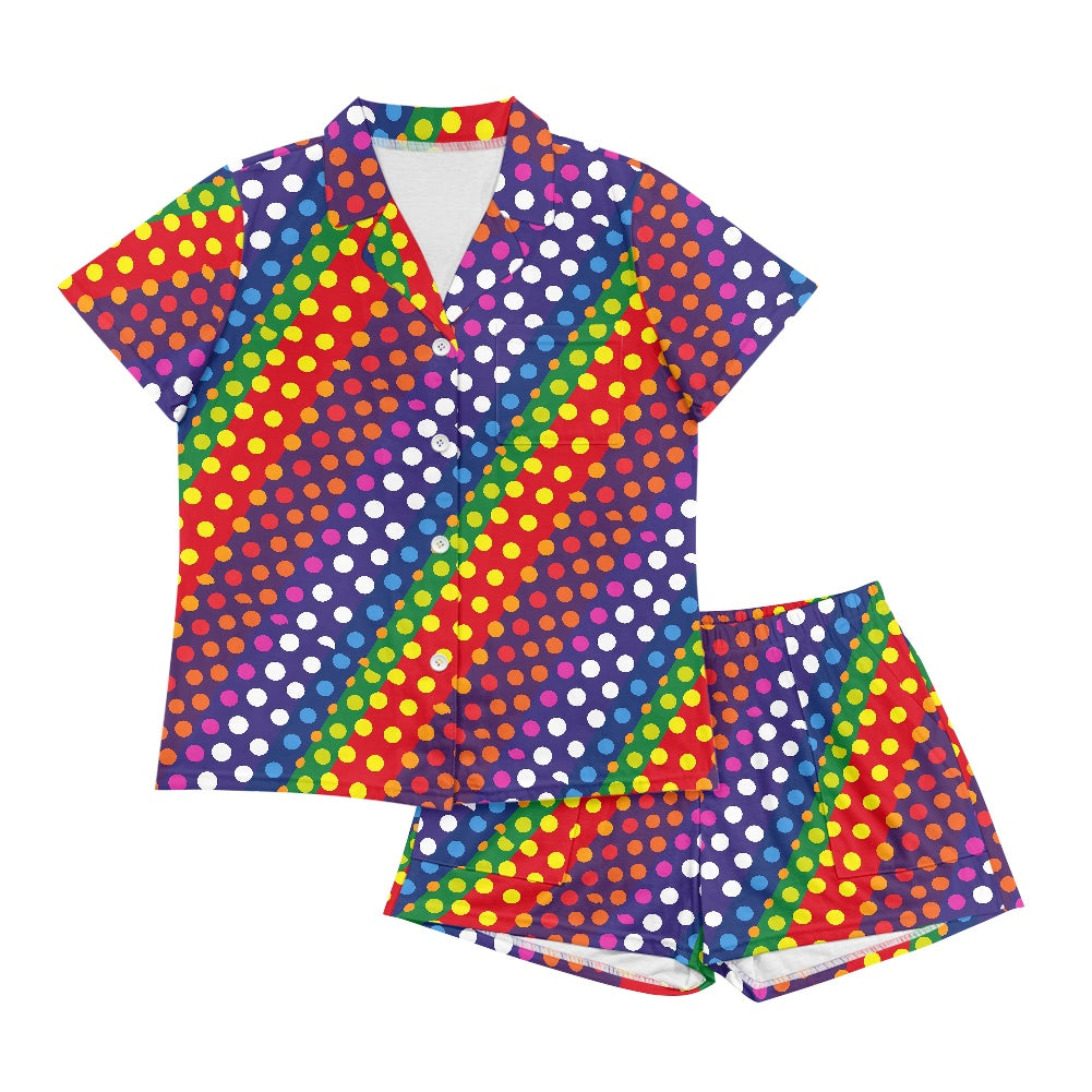 Women’s Short Sleeve Pajama Set – Rainbow Polka Dot Print with Pockets white