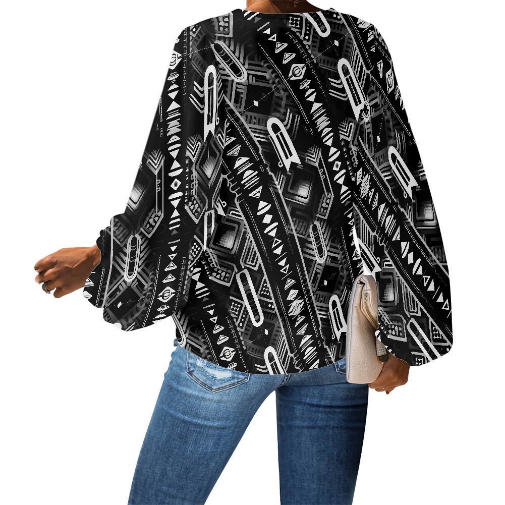 Ethnic African Kente pattern V-Neck Chiffon Puff Sleeve Blouse by Luxtrini