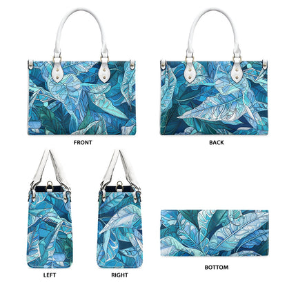 Ocean Leaf Designer  - Versatile Women's PU Leather Twill Handbag in Tropical Blues