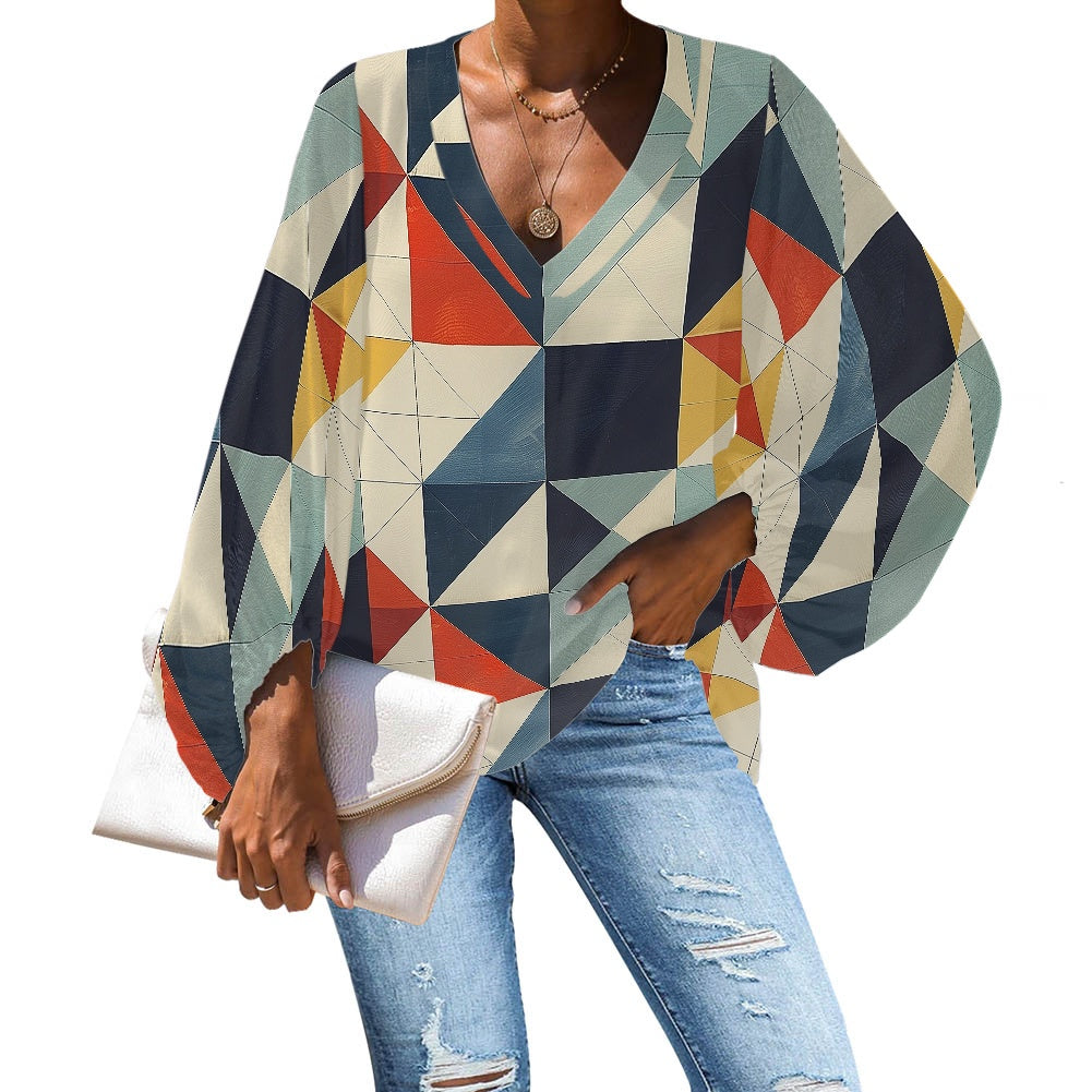 V-Neck Chiffon Puff Sleeve Blouse by Luxtrini