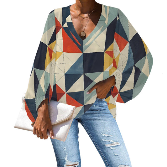 V-Neck Chiffon Puff Sleeve Blouse by Luxtrini