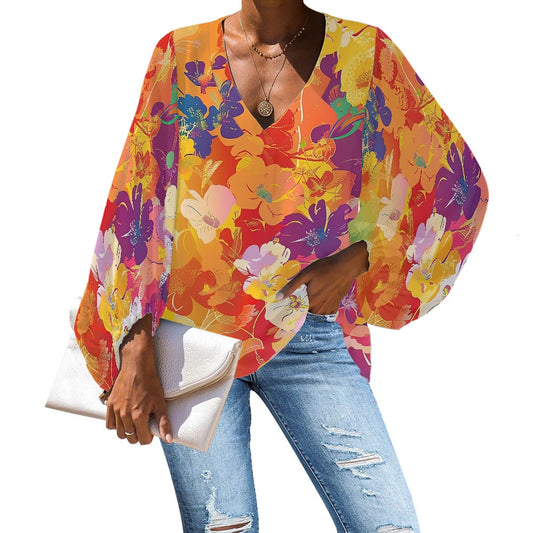 V-Neck Chiffon Puff Sleeve Blouse by Luxtrini 4XL