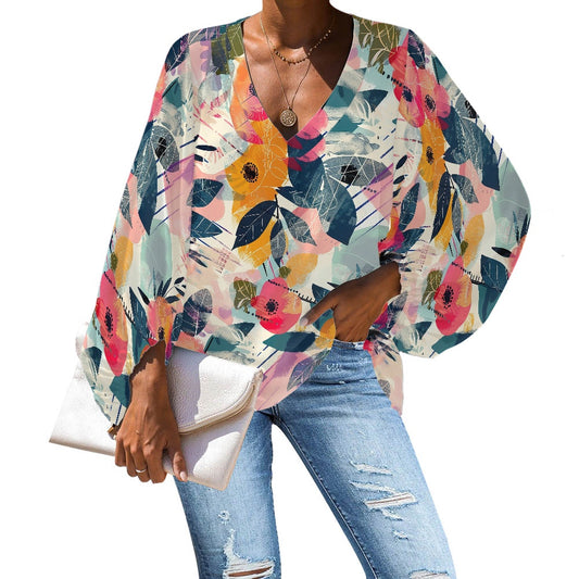 V-Neck Chiffon Puff Sleeve Blouse by Luxtrini