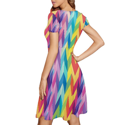 Chevron Rainbow LGBTQ Women Scoop Neck Short Sleeve Ruffle Dress