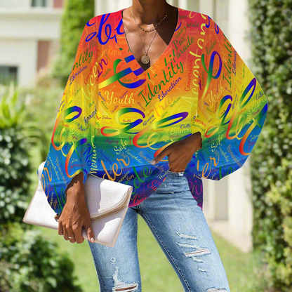 LGBTQ Word cloud V-Neck Chiffon Puff Sleeve Blouse by Luxtrini