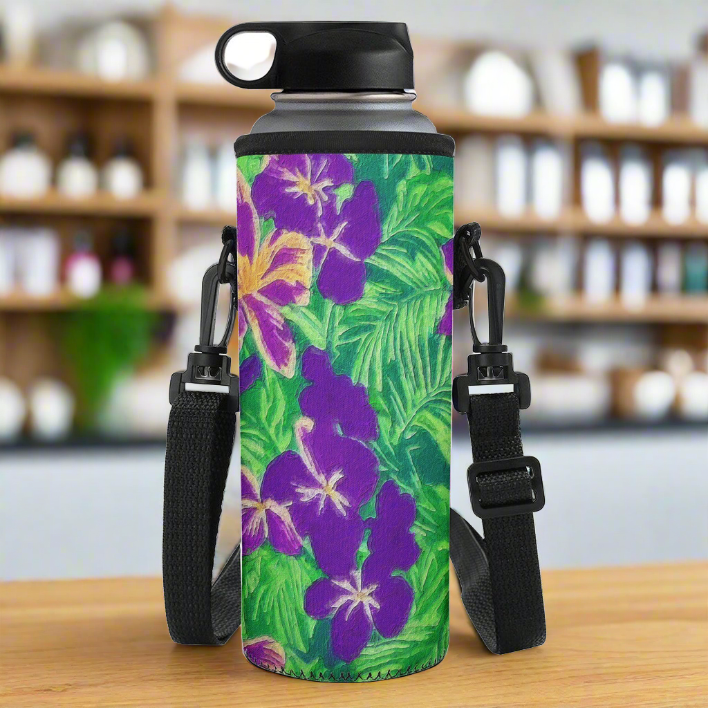 Blue Flag Iris on Green Large Water Bottle Carrier Bag