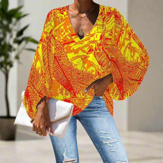 Vibrant Orange Croton V-Neck Chiffon Puff Sleeve Blouse by Luxtrini