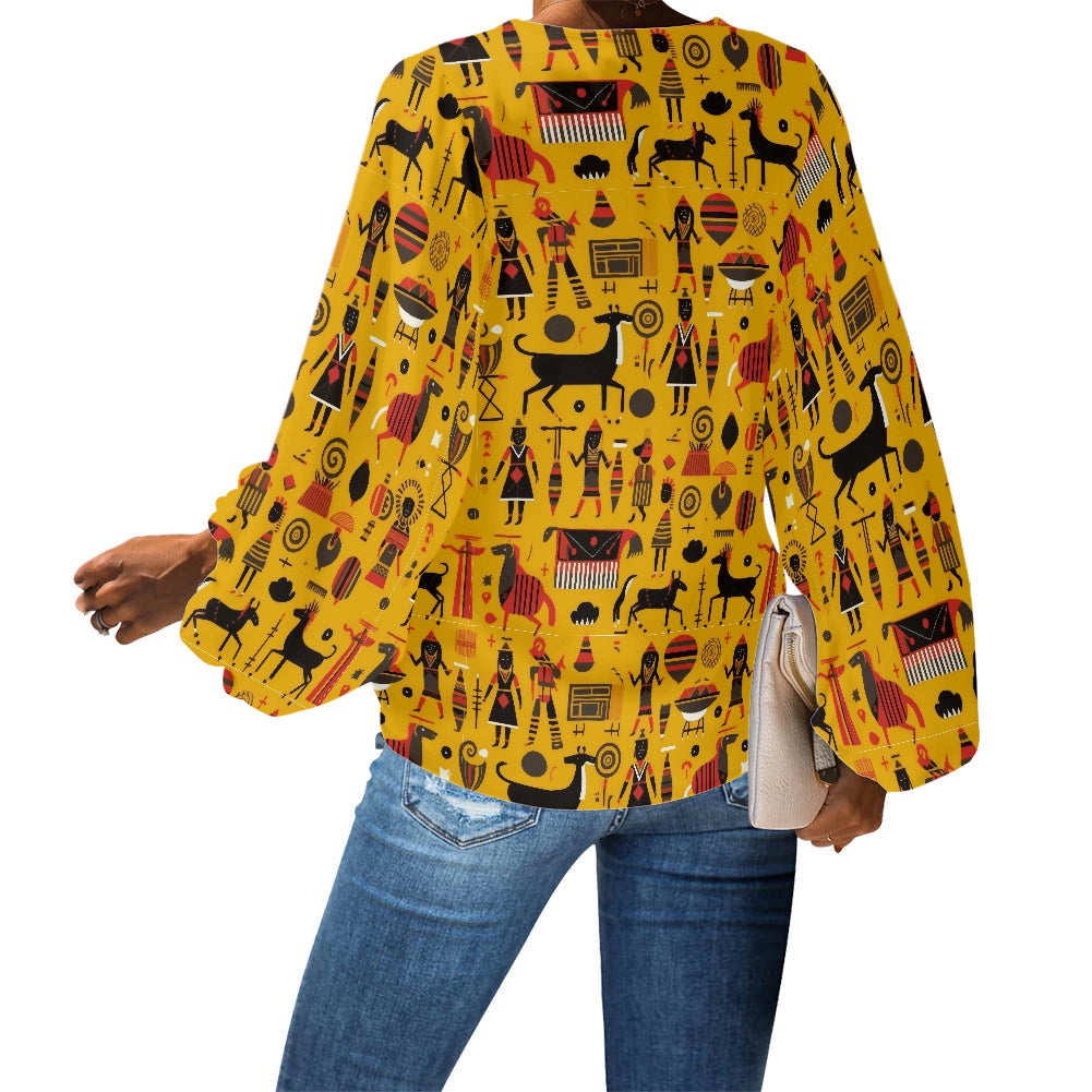 Yellow Tribal Chiffon Blouse – Stylish V-Neck with Bold Ethnic Motifs Chiffon Puff Sleeve Blouse by Luxtrini