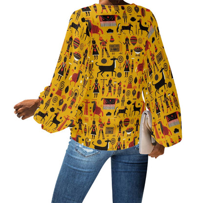 Yellow Tribal Chiffon Blouse – Stylish V-Neck with Bold Ethnic Motifs Chiffon Puff Sleeve Blouse by Luxtrini
