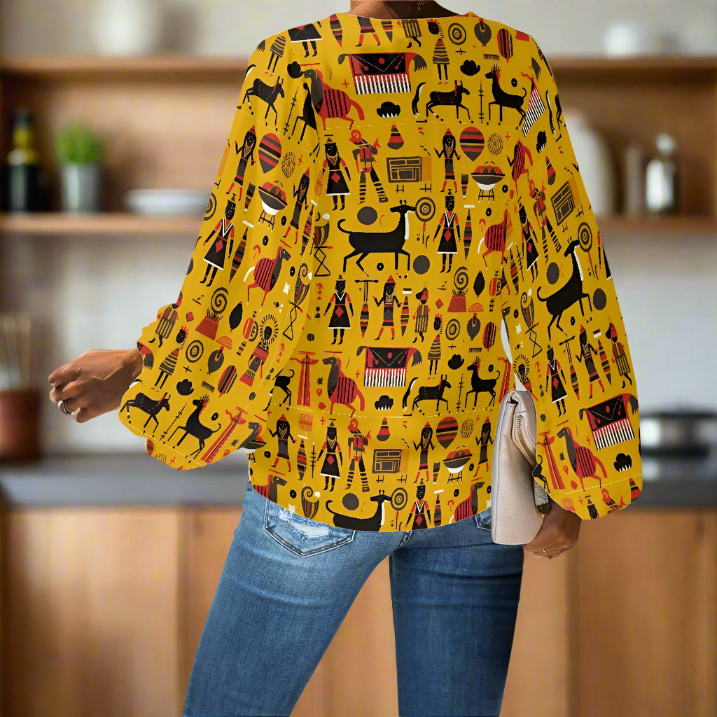 Yellow Tribal Chiffon Blouse – Stylish V-Neck with Bold Ethnic Motifs Chiffon Puff Sleeve Blouse by Luxtrini