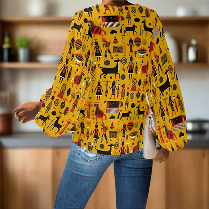 Yellow Tribal Chiffon Blouse – Stylish V-Neck with Bold Ethnic Motifs Chiffon Puff Sleeve Blouse by Luxtrini