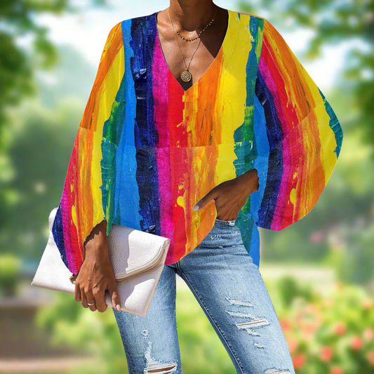 LGBTQ Painting Stripes V-Neck Chiffon Puff Sleeve Blouse by Luxtrini