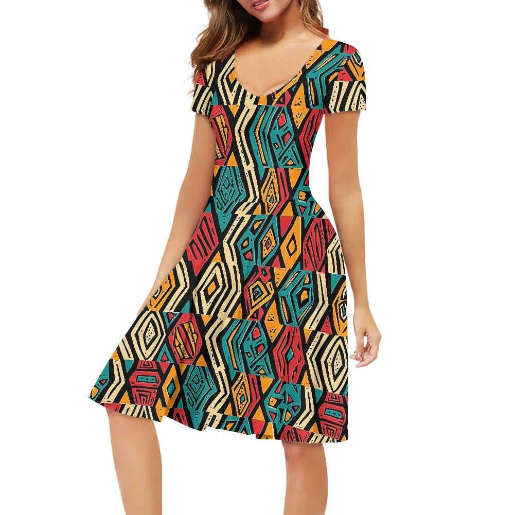 Women V-Neck Short Sleeve Ruffle Dress