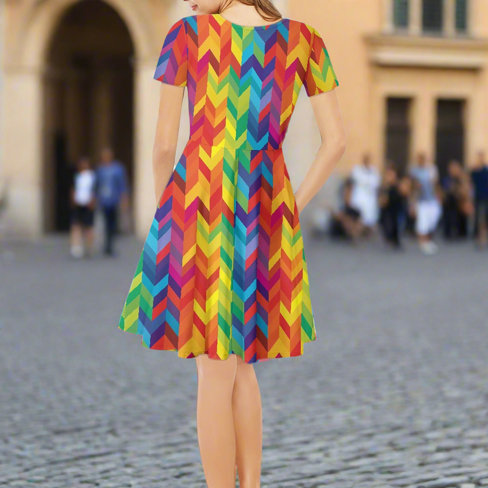 Rainbow Chevron Women V-Neck Short Sleeve Ruffle Dress