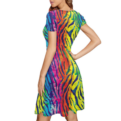 Rainbow Animal Print Women Scoop Neck Short Sleeve Ruffle Dress