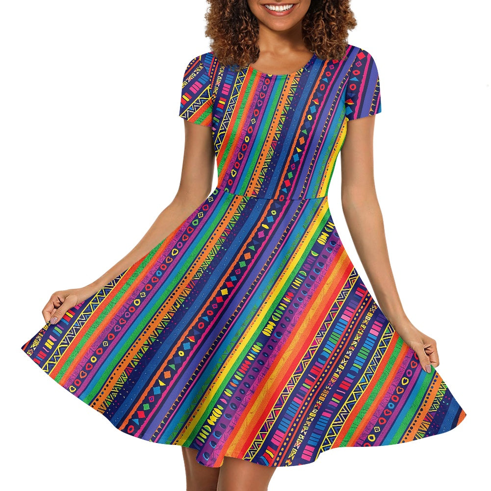 Luxtrini Womens Scoop Neck Short Sleeve Ruffle Dress with Ethnic Patterns and Rainbow Accents - Custom Handmade, Versatile and Stylish