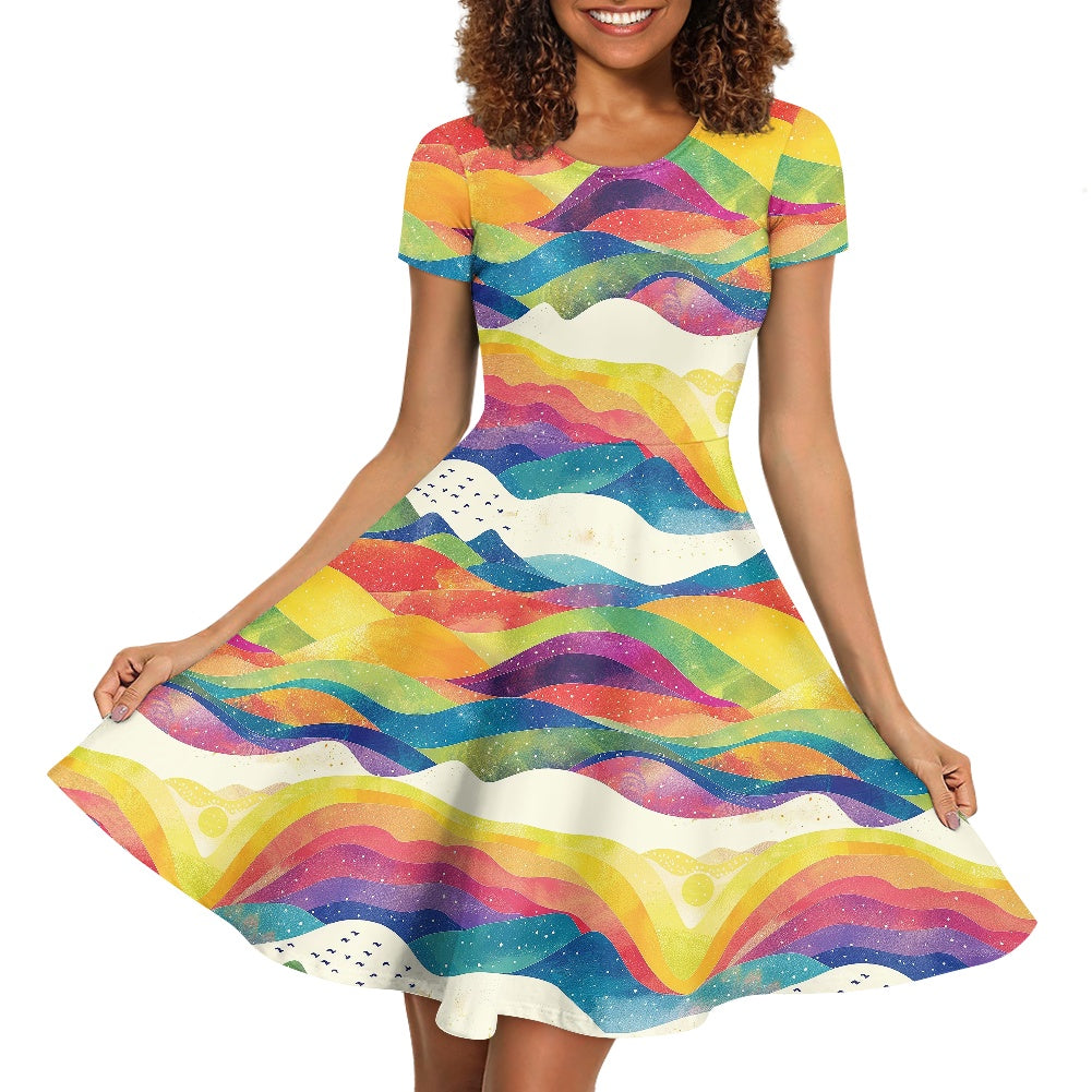 Women Scoop Neck Short Sleeve Ruffle Dress