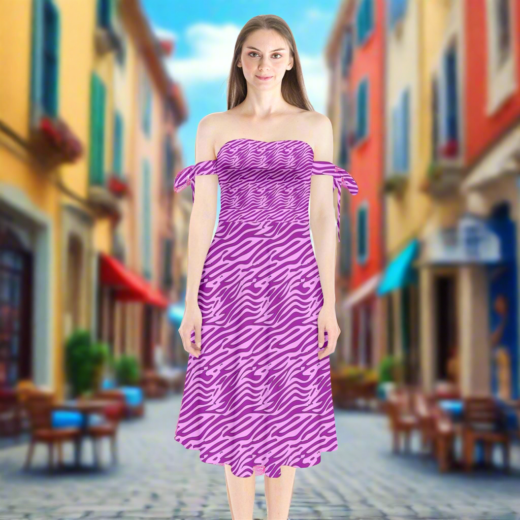 Shoulder Tie Bardot Midi Dress Pink and Purple Stripes