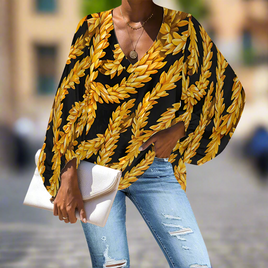 Golden Laurel Leaf Print Women’s Top – Perfect for Day or Night Wear V-Neck Chiffon Puff Sleeve Blouse by Luxtrini
