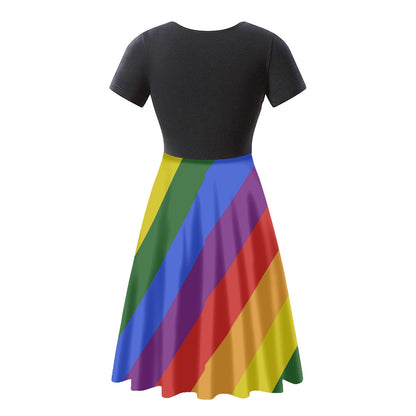 Rainbow Women short Sleeve Black Ruffle Dress