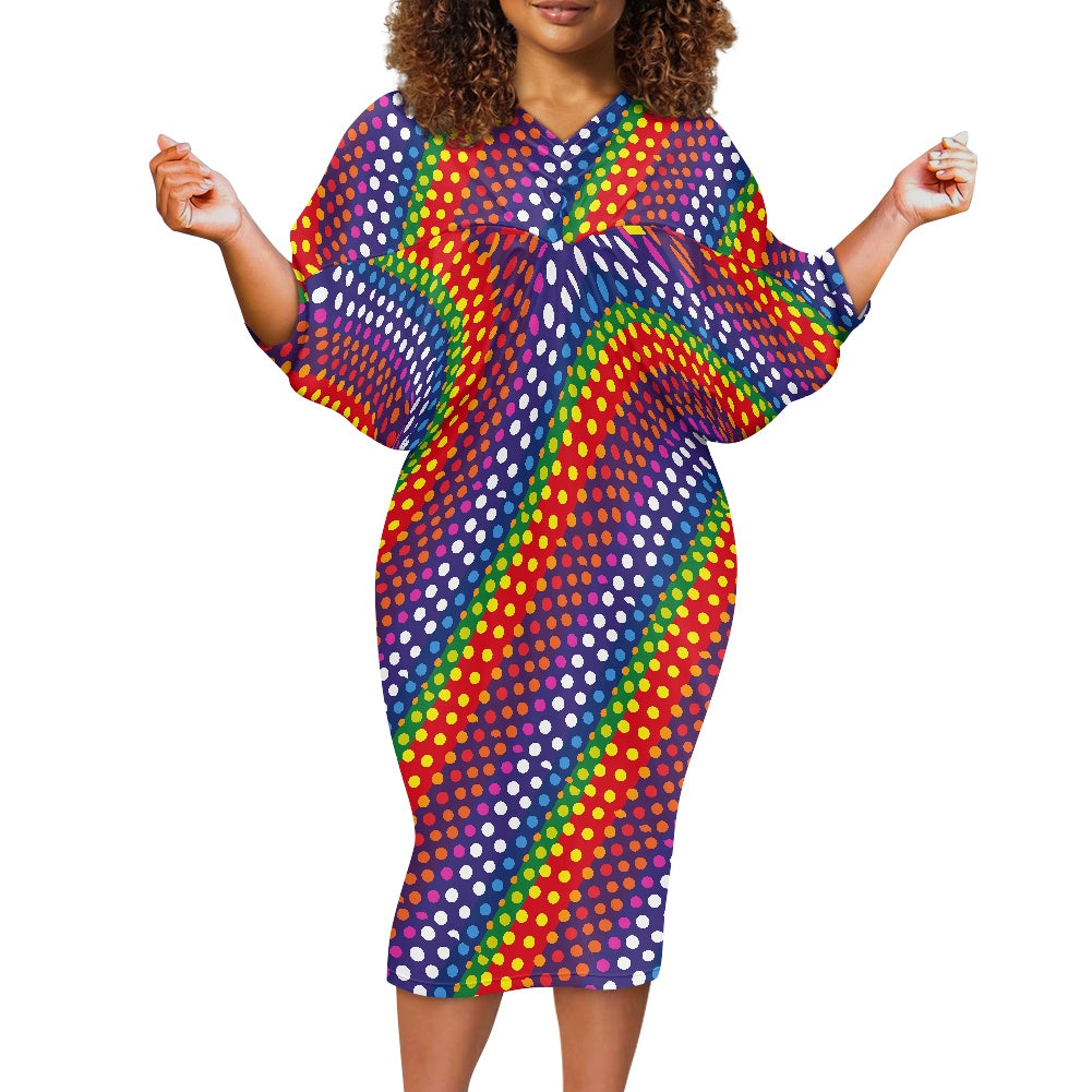 LGBTQ-Friendly Rainbow Polka Dot Ladies Dolman Sleeve Bag Hip Dress by Luxtrini