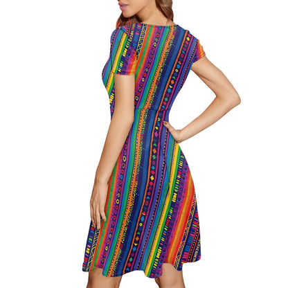 Luxtrini Womens Scoop Neck Short Sleeve Ruffle Dress with Ethnic Patterns and Rainbow Accents - Custom Handmade, Versatile and Stylish