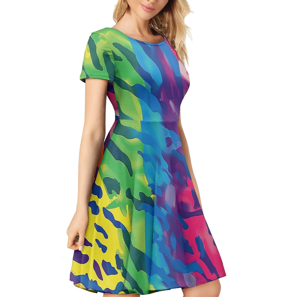 Women Scoop Neck Short Sleeve Ruffle Dress